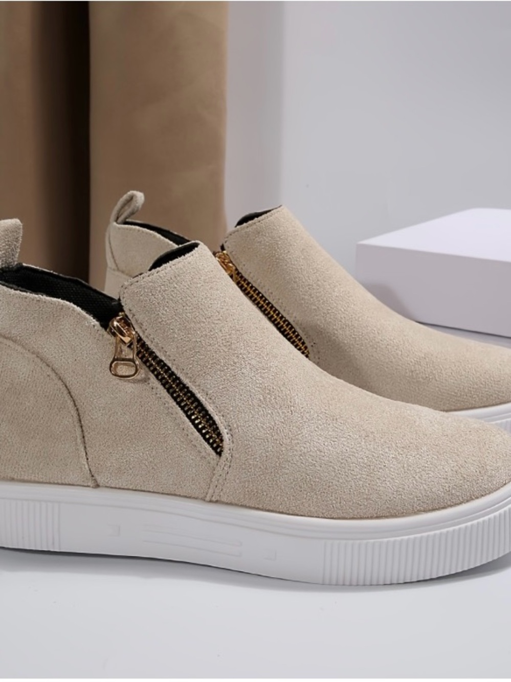 Beige Suede Side-Zip Ankle Sneakers
